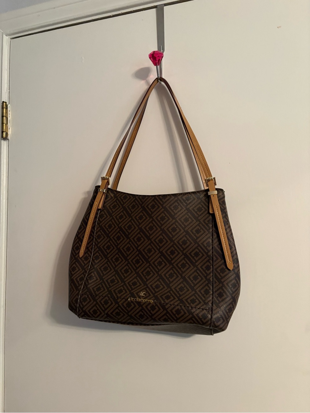 Liz Claiborne Dark Brown Patterned Shoulder Bag with Tan Straps